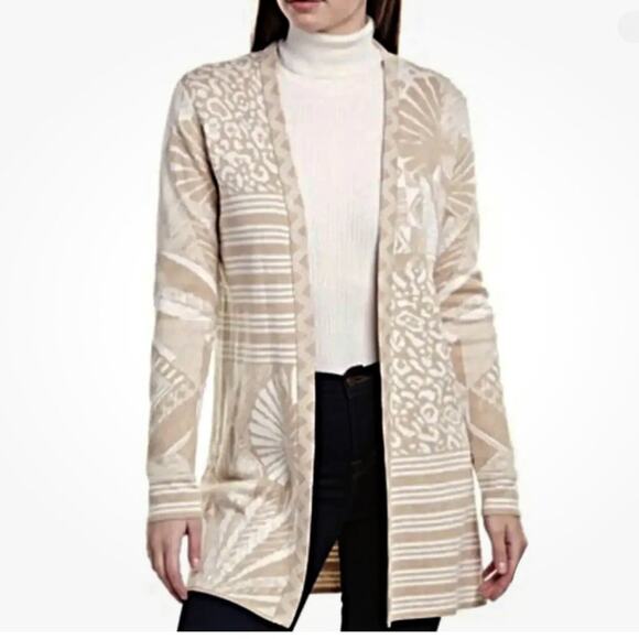 J. McLaughlin Open Cardigan Sweater Palm Tropical Leopard Neutral Med Coastal - Picture 1 of 13